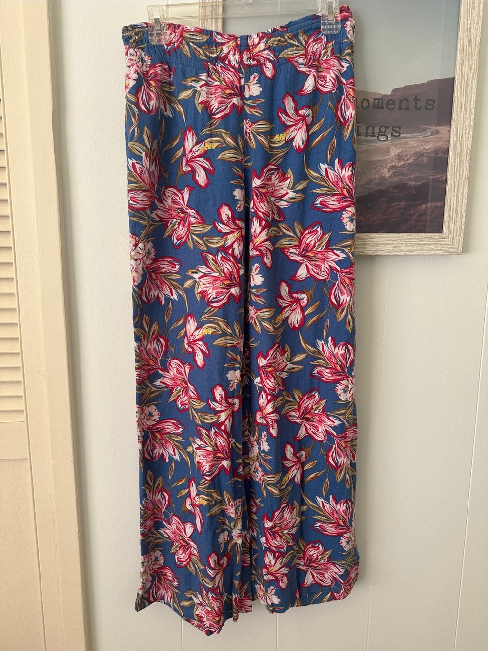 NWOT Size Small a new day Blue Floral Wide-Leg Pants with Pink & Green Print - Picture 2 of 6